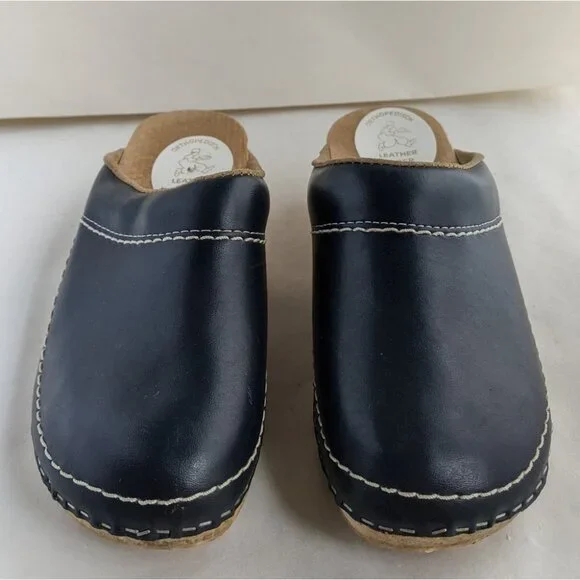 Orthopedic Leather Dutch Market Wood Navy Blue Clog - Picture 4 of 8